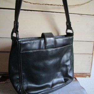 Black leather crossbody purse bag, unisex with fold over snap. No maker.
